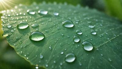 The primary subject of the image is a leaf with water droplets on it. The leaf is green and appears to be a part of a plant. The setting is outdoors, with the leaf being the main focus of the image. The visual style is a close-up of the leaf, capturing the details of the water droplets. The colors in the image are predominantly green, with the water droplets adding a touch of blue. The overall atmosphere of the image is serene and natural, showcasing