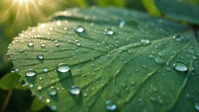 The primary subject of the image is a leaf with water droplets on it. The leaf is green and appears to be a part of a plant. The setting is outdoors, with the leaf being in the foreground. The visual style is a close-up of the leaf, showcasing the water droplets on its surface. The colors are predominantly green, with the water droplets adding a touch of blue. The overall atmosphere is serene and natural, as the image captures the beauty of a leaf