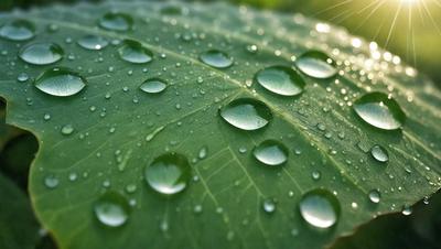 The primary subject of the image is a leaf with water droplets on it. The leaf is green and appears to be a part of a plant. The setting is outdoors, with the leaf being the main focus of the image. The visual style is a close-up of the leaf, showcasing the water droplets on its surface. The colors in the image are predominantly green, with the water droplets adding a touch of blue. The overall atmosphere of the image is serene and natural, as it