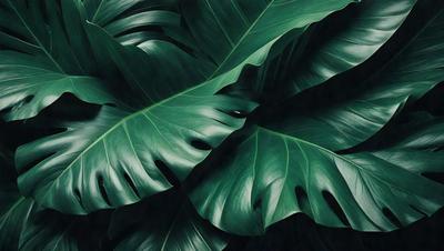 The image features a large green leaf with a few smaller leaves surrounding it. The primary subject is the leaf, which is the main focus of the image. The setting is a dark background, which contrasts with the bright green leaf. The visual style is a close-up of the leaf, showcasing its details. The colors and mood of the image are predominantly green, creating a calm and serene atmosphere.
