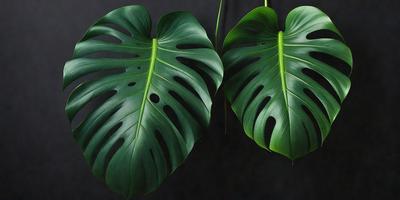 The image features two large green leaves, possibly from a banana tree, hanging from a stem. The leaves are prominently displayed, with one leaf occupying the left side of the image and the other covering the right side. The leaves are positioned close to each other, creating a sense of unity and harmony in the scene. The overall atmosphere of the image is lush and vibrant, with the green leaves serving as the primary subject.