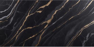 The primary subject of the image is a black and gold marble pattern. The setting is a black background, and the visual style is a close-up of the marble pattern. The colors and mood of the image are dark and dramatic, with the gold accents adding a touch of luxury and sophistication.