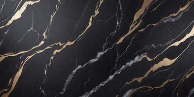The primary subject of the image is a marble countertop with a black and gold pattern. The setting is a kitchen, and the visual style is a close-up of the countertop. The dominant colors are black and gold, creating a luxurious and elegant atmosphere.