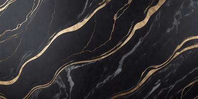 The primary subject of the image is a marble countertop with a gold-colored design. The setting is a kitchen, and the visual style is a close-up of the countertop. The colors and mood of the image are predominantly black and gold, giving it a luxurious and elegant appearance.