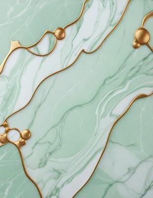 The primary subject of the image is a marble wall with a gold design. The setting is a marble wall with a green background. The visual style is a combination of a photo and digital art, creating a unique and intricate design. The colors and mood of the image are predominantly gold and green, giving it a luxurious and elegant appearance.