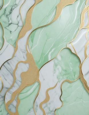 The primary subject of the image is a marble wall with a gold design. The setting is a room with a marble wall, and the visual style is a combination of photo and digital art. The dominant colors are gold and green, creating a luxurious and elegant atmosphere.