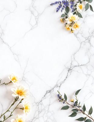 The primary subject of the image is a white marble countertop with yellow flowers and blue leaves arranged on it. The setting is a white marble countertop, and the visual style is a photo. The dominant colors are white, yellow, and blue, creating a clean and fresh atmosphere.