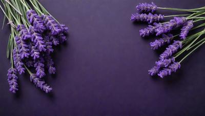 Purple flowers are the primary subject of the image. They are displayed on a purple background, creating a visually striking scene. The flowers are arranged in a pattern, with some placed closer to the foreground and others further in the background. The overall atmosphere of the image is serene and calming, with the purple flowers serving as the focal point.