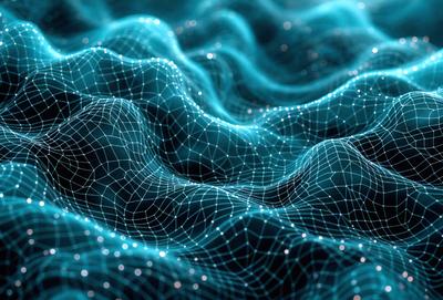 The primary subject of the image is a blue, swirling, and flowing pattern, which appears to be a digital art or illustration. The setting is a blue background, and the visual style is a combination of digital art and illustration. The colors and mood of the image are predominantly blue, creating a calm and soothing atmosphere.