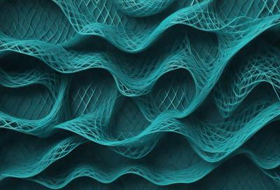 The primary subject of the image is a blue mesh-like structure, which appears to be a digital art or illustration. The setting is a blue background, and the visual style is a combination of digital art and illustration. The dominant colors in the image are blue and white, creating a calm and serene atmosphere.