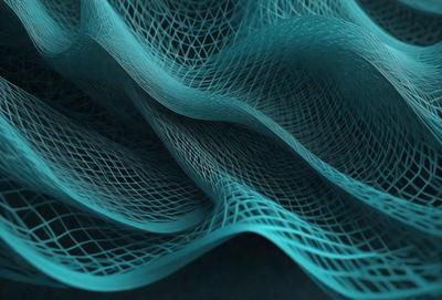 The primary subject of the image is a blue mesh pattern, which appears to be a digital art or illustration. The setting is a dark background, which contrasts with the blue mesh pattern. The visual style is a combination of digital art and illustration, creating a unique and intricate design. The colors and mood of the image are predominantly blue, giving it a calm and serene atmosphere.