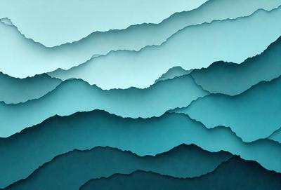 The primary subject of the image is a large, blue, textured surface that resembles a mountain range. The setting is a blue background, and the visual style appears to be a combination of a photo and a digital art or illustration. The colors and mood of the image are predominantly blue, creating a serene and calming atmosphere.