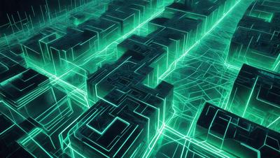 The primary subject of the image is a futuristic cityscape with a green glow. The setting is a digital artwork, featuring a complex network of buildings and streets. The visual style is a combination of digital art and illustration, creating a unique and captivating atmosphere. The dominant colors are green, which gives the scene a futuristic and vibrant feel.