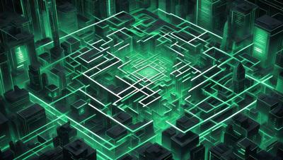 The primary subject of the image is a complex, intricate, and colorful digital artwork featuring a cityscape. The setting is a futuristic city with a green, glowing, and interconnected network of buildings. The visual style is a combination of digital art and illustration, creating a unique and captivating atmosphere. The colors and mood are predominantly green, with a sense of depth and interconnectedness throughout the scene.