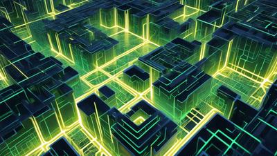 The primary subject of the image is a futuristic cityscape with a green glow. The setting is a digital art or illustration of a city, with buildings and streets illuminated by the green light. The visual style is a combination of digital art and illustration, creating a unique and captivating atmosphere. The colors and mood of the image are predominantly green, giving it a futuristic and technological feel.
