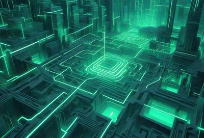 The primary subject of the image is a futuristic, neon-colored cityscape with a maze-like structure. The setting is a three-dimensional environment, likely a digital art or illustration. The visual style is a combination of bright colors and intricate patterns, creating a vibrant and captivating atmosphere. The dominant colors are green, blue, and purple, which contribute to the futuristic and otherworldly feel of the scene.