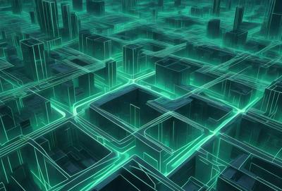 The primary subject of the image is a futuristic cityscape, featuring a large number of buildings and a complex network of roads. The setting is a digital artwork, with a green and blue color scheme that gives the scene a futuristic and technological atmosphere. The visual style is a combination of digital art and illustration, creating a detailed and intricate representation of the city.