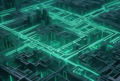 The primary subject of the image is a complex network of green lines, which are intertwined and create a visually striking pattern. The setting is a dark background, which contrasts with the bright green lines. The visual style of the image is digital art, as it appears to be a computer-generated or digitally created pattern. The colors and mood of the image are predominantly green, with a sense of depth and intricacy to the design.