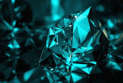 The primary subject of the image is a large, blue, crystal-like object, possibly a diamond or a piece of glass, sitting on a dark surface. The setting appears to be a dark room or a nighttime scene. The visual style of the image is a close-up of the crystal, emphasizing its unique and intricate structure. The colors and mood of the image are predominantly dark and mysterious, with the blue crystal being the main focal point.