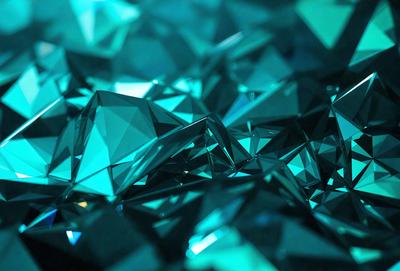The primary subject of the image is a close-up of a blue crystal, which is the main object in the scene. The setting is a blue background, and the visual style appears to be a digital art or illustration. The dominant colors in the image are blue and green, creating a calm and serene atmosphere.
