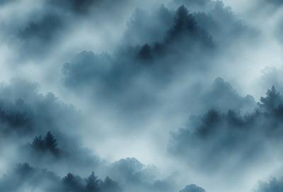 The primary subject of the image is a forest with trees and fog. The setting is a forest with a blue sky in the background. The visual style is a digital art or illustration, creating a moody and atmospheric scene. The dominant colors are blue and green, with the fog adding a sense of depth and mystery to the forest.