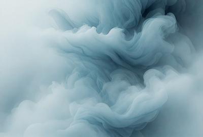 The primary subject of the image is a cloudy blue sky with a hazy, misty appearance. The setting is a vast, open sky, and the visual style is a combination of a photo and digital art. The colors and mood of the image are predominantly blue and somewhat moody, creating a sense of depth and atmosphere.