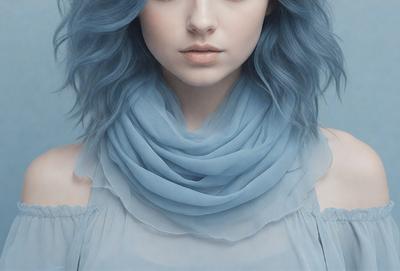 The primary subject of the image is a woman with blue hair, wearing a blue scarf. She is looking at the camera with a focused expression. The setting is a blue background, which complements the woman's blue hair and blue scarf. The visual style is a close-up portrait, capturing the woman's features and the vibrant colors of her hair and clothing. The overall atmosphere is one of confidence and individuality, as the woman embraces her unique appearance.