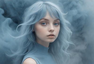 The primary subject of the image is a woman with blue hair, wearing a blue shirt. She is standing in front of a blue background, which adds to the overall mood of the scene. The visual style of the image is a combination of photo and digital art, creating a unique and artistic representation of the woman. The colors and mood of the image are predominantly blue, giving it a calm and serene atmosphere.