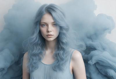 The primary subject of the image is a woman with blue hair, wearing a blue dress. She is standing in front of a blue background, which adds to the overall blue theme of the image. The visual style appears to be a combination of a photo and digital art, creating a unique and artistic representation of the woman. The colors and mood of the image are predominantly blue, giving it a calm and serene atmosphere.
