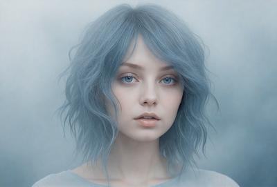 The primary subject of the image is a woman with blue hair. She has a blue-gray color to her hair, which gives her a unique and striking appearance. The setting is a foggy background, which adds a sense of mystery and intrigue to the scene. The visual style of the image is a digital art, which gives it a modern and artistic feel. The colors and mood of the image are predominantly blue, which creates a calm and serene atmosphere.