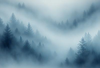 The primary subject of the image is a dense forest filled with fog. The setting is a mountainous area with a hazy atmosphere. The visual style is a photo of the forest, capturing the dense fog and the surrounding trees. The colors and mood of the image are predominantly dark and moody, with the fog creating a mysterious and atmospheric scene.