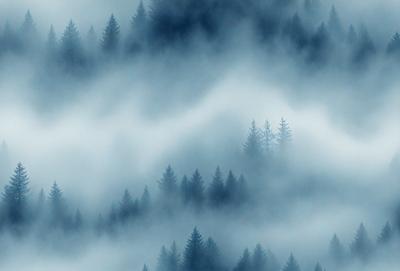 The primary subject of the image is a foggy mountain landscape with a dense forest of pine trees. The setting is a cloudy, foggy day, creating a moody atmosphere. The visual style is a combination of a photo and digital art, as the image captures the natural beauty of the mountain and forest while also showcasing the artist's creative interpretation of the scene. The colors and mood are predominantly blue and gray, with the fog and clouds adding a sense of mystery and tranquility to the scene