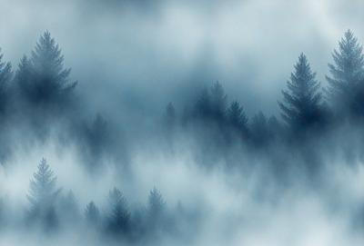 The primary subject of the image is a dense forest filled with fog. The setting is a foggy day, creating a mysterious and atmospheric environment. The visual style is a photo, capturing the natural beauty of the forest. The colors and mood are predominantly blue and gray, giving the scene a serene and moody ambiance.
