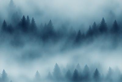 The primary subject of the image is a dense forest filled with fog. The setting is a cloudy day, and the visual style is a photo. The forest is surrounded by a blue sky, and the overall atmosphere is serene and mysterious.