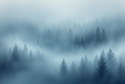 The primary subject of the image is a dense forest filled with fog. The setting is a cloudy day, and the visual style is a photo. The forest is surrounded by a blue sky, and the overall atmosphere is serene and mysterious.