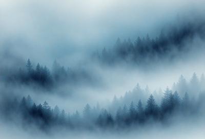 The primary subject of the image is a dense forest filled with fog. The setting is a cloudy day, and the visual style is a photo. The forest is surrounded by a blue sky, and the overall atmosphere is serene and mysterious.