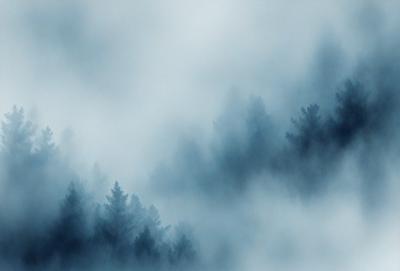 The primary subject of the image is a dense forest filled with trees. The setting is a foggy, cloudy day, creating a mysterious and atmospheric environment. The visual style is a combination of a photo and digital art, giving the image a unique and artistic appearance. The dominant colors are shades of blue and gray, which contribute to the overall mood of the scene.