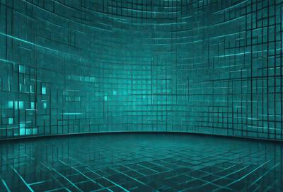 The primary subject of the image is a large, blue, glass-like structure with a patterned surface. The setting is a room with a blue-tinted glass wall, which creates a unique and visually striking environment. The visual style of the image is a combination of photo and digital art, giving it a futuristic and modern appearance. The dominant colors in the image are blue and green, creating a calming and serene atmosphere.