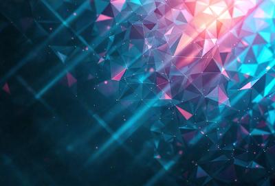 The primary subject of the image is a blue and pink geometric pattern. The setting is a dark blue background, which contrasts with the bright colors of the pattern. The visual style is a digital art or illustration, as the pattern is intricate and detailed. The dominant colors are blue and pink, creating a vibrant and lively atmosphere.