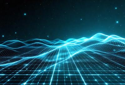 The primary subject of the image is a computer-generated, blue and white landscape. The setting is a dark, star-filled sky, creating a sense of depth and space. The visual style is digital art, as the landscape is composed of geometric shapes and patterns. The colors and mood of the image are predominantly blue and white, giving it a futuristic and serene atmosphere.