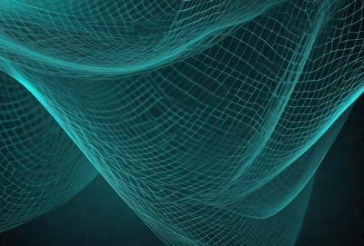 The primary subject of the image is a close-up of a blue mesh or netting. The setting is a dark background, which contrasts with the blue mesh. The visual style is a digital art or illustration, as the image appears to be a pattern or texture. The dominant colors are blue and black, creating a moody atmosphere.