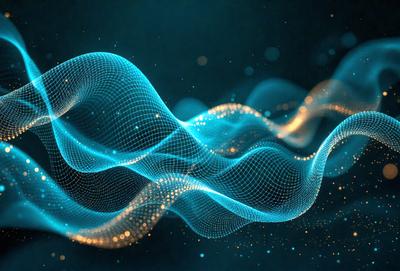 The primary subject of the image is a blue and yellow light pattern, which appears to be a digital art or illustration. The setting is a dark background, and the visual style is a combination of digital art and light patterns. The dominant colors are blue and yellow, creating a vibrant and lively atmosphere.