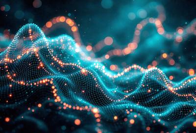 The primary subject of the image is a blue and orange light pattern, which appears to be a digital art or illustration. The setting is a dark background, and the visual style is a combination of digital art and illustration. The dominant colors are blue and orange, creating a vibrant and energetic atmosphere.