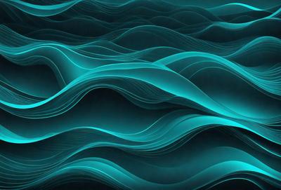 The primary subject of the image is a blue ocean with waves. The setting is a blue ocean with a few waves, and the visual style is a digital art or illustration. The dominant colors are blue and turquoise, creating a calm and serene atmosphere.