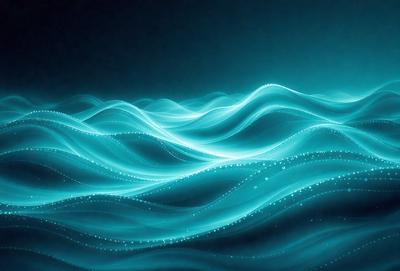The primary subject of the image is a blue ocean with waves. The setting is a dark blue background, which creates a contrasting and dramatic effect. The visual style is a digital art or illustration, as the waves are depicted in a detailed and artistic manner. The colors and mood of the image are predominantly blue, creating a serene and calming atmosphere.