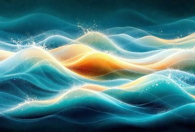 The primary subject of the image is a painting of a wave. The setting is a blue background, and the visual style is a digital art or illustration. The dominant colors are blue and orange, creating a vibrant and dynamic atmosphere.