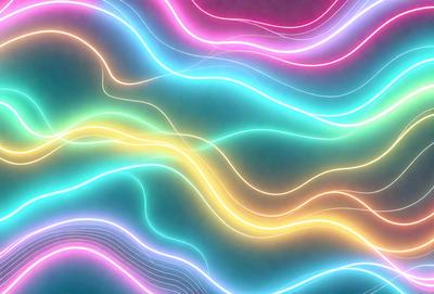 The primary subject of the image is a colorful, neon-lit background featuring a series of swirling, pink, yellow, and blue lines. The setting is a wall, and the visual style appears to be a digital art or illustration. The dominant colors and overall atmosphere of the image are vibrant, energetic, and lively.