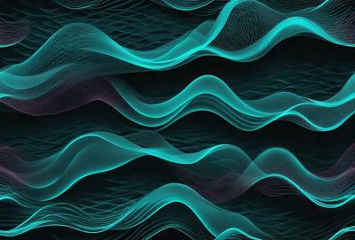 The primary subject of the image is a series of blue and purple waves, which are part of a digital art or illustration. The setting is a dark background, and the visual style is a combination of digital art and illustration. The dominant colors are blue and purple, creating a calming and serene atmosphere.