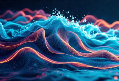 The primary subject of the image is a blue and orange wave pattern, which appears to be a digital art or illustration. The setting is a dark background, which contrasts with the vibrant colors of the wave pattern. The visual style suggests a modern and creative approach to art or design. The dominant colors are blue and orange, creating a dynamic and energetic atmosphere.
