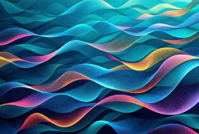 The primary subject of the image is a vibrant and colorful ocean scene. The setting is a blue ocean with waves and swirls, creating a dynamic and lively atmosphere. The visual style is a digital art or illustration, showcasing the artist's creativity and skill in capturing the beauty of the ocean. The colors and mood are predominantly blue and green, with a hint of orange, giving the scene a sense of tranquility and serenity.